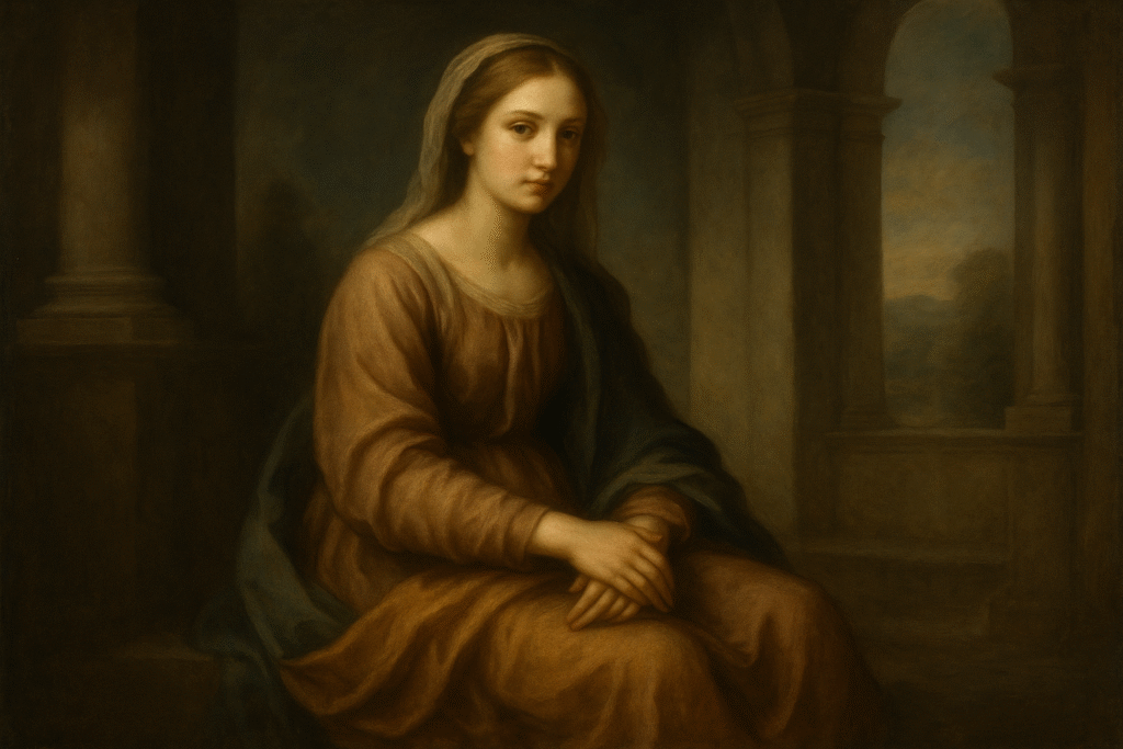 Renaissance-style painting of a serene woman in flowing earth-toned garments, seated before classical arches, with chiaroscuro lighting and sfumato contours.