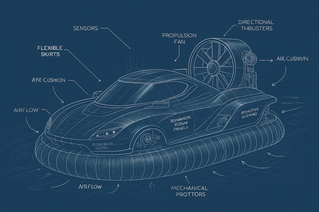Technical blueprint of a futuristic hovercraft with detailed components, including propulsion fan, flexible skirts, air cushion system, directional thrusters, and aerodynamic panels, drawn in white lines on a navy background in a precise engineering schematic.