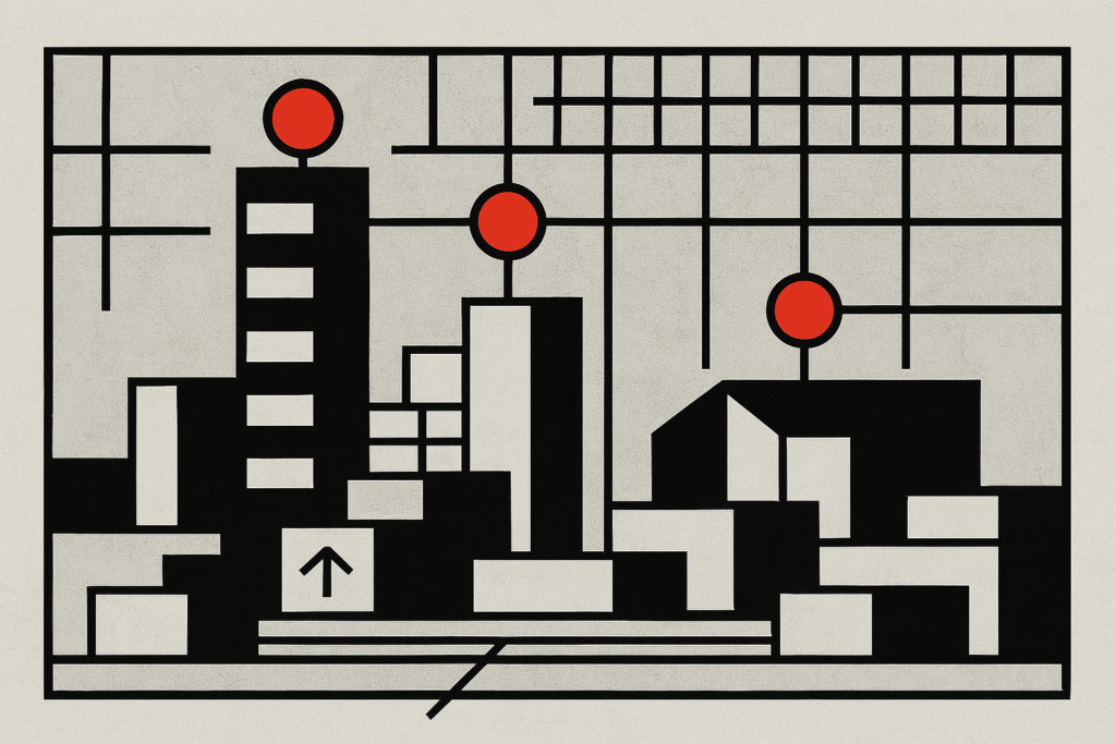 Brutalist-style conceptual illustration of a modular cityscape, featuring black-and-white geometric blocks, exposed grid lines, and red circular highlights marking key nodes, with a flat, utilitarian, dystopian aesthetic.