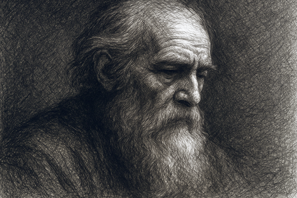 Crosshatched ink portrait of an elderly man with a long beard, deep wrinkles, and dramatic shadows, drawn with intricate linework and dense texture, evoking wisdom and intensity.