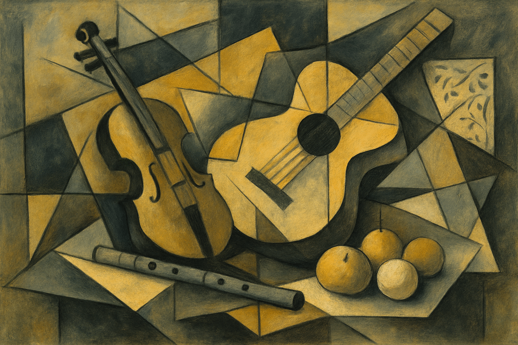AI-generated Cubist still life featuring violin, guitar, flute, and fruit, arranged in geometric fragments across angular planes, with muted ochres, charcoal black, and steel grey tones, blending Cubism with generative art techniques.