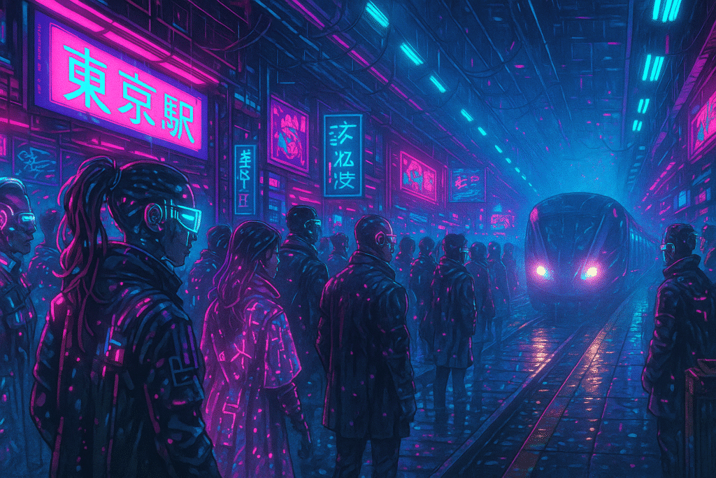 Cyberpunk subway scene with commuters wearing cybernetic implants and holographic fashion, waiting for a futuristic maglev train in a neon-lit underground station, glowing in magenta and cyan lights.