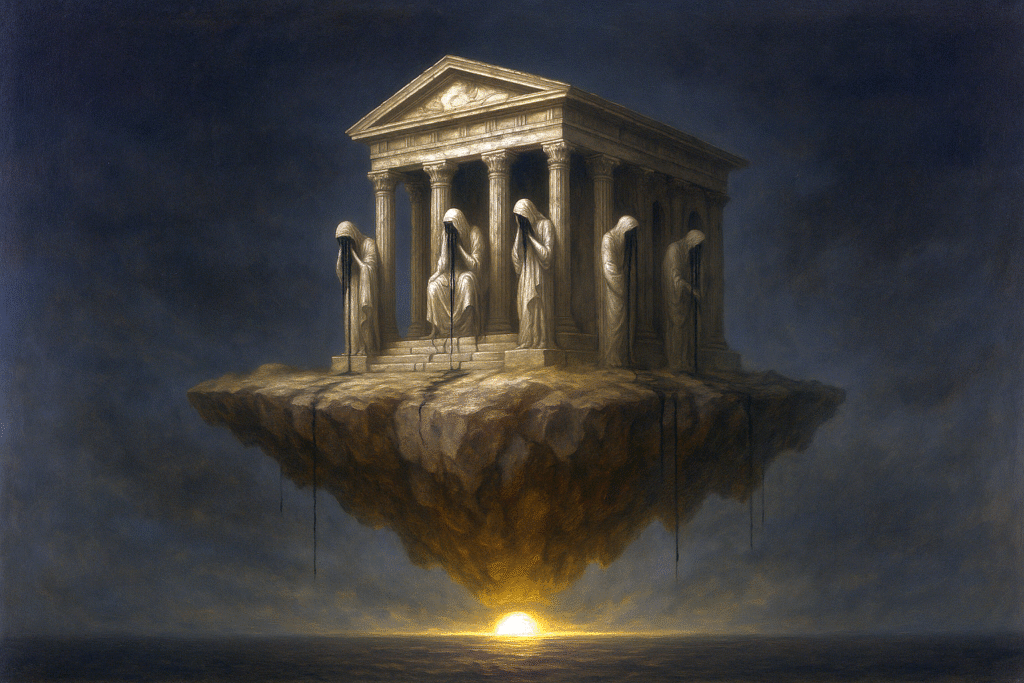 Surrealist painting of a floating island with a classical temple in a dark void, where statues weep black ink, illuminated by an inverted sun below, creating dramatic shadows and a solemn dreamlike atmosphere.