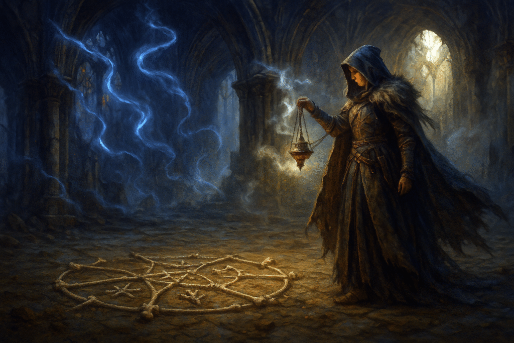 Dark fantasy painting of a medieval witch performing a ritual in a ruined cathedral, surrounded by sacred bone symbols and ghostly lights drifting through shattered arches, with dramatic shadows and eerie atmosphere.