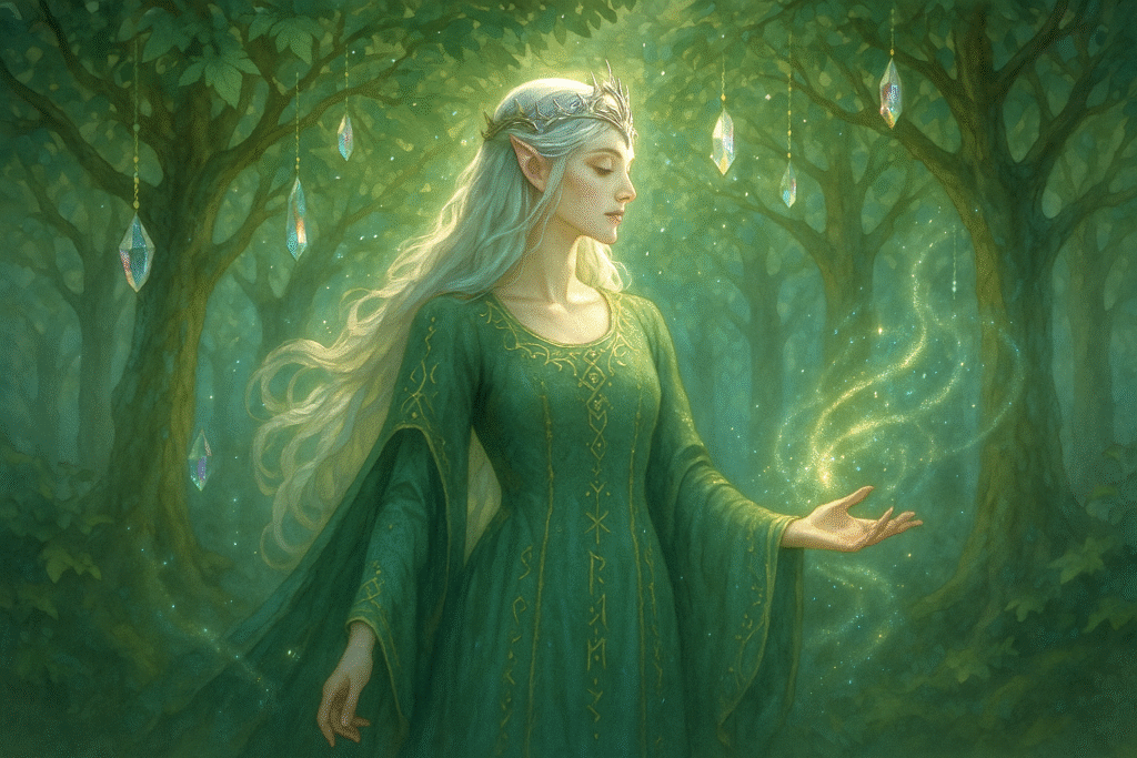 Elven queen beneath glowing forest canopy, silver hair flowing, green rune-embroidered gown, moonlight filtering through enchanted trees with crystal-hung branches casting rainbow light in a mystical woodland scene