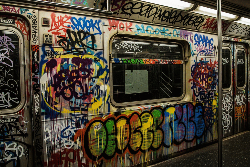 1980s NYC subway car with graffiti, colorful throw-ups, and bubble tags on the metal walls.