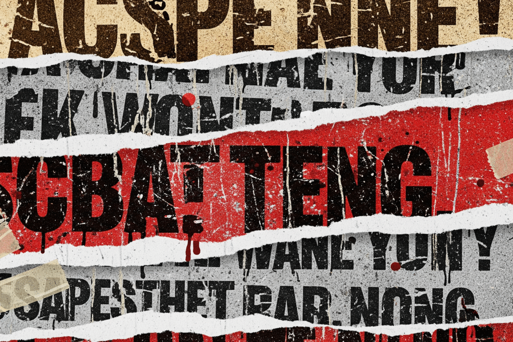 A grunge-style poster design featuring layers of torn paper, distressed photocopy textures, and smeared, misaligned text in a 90s zine aesthetic