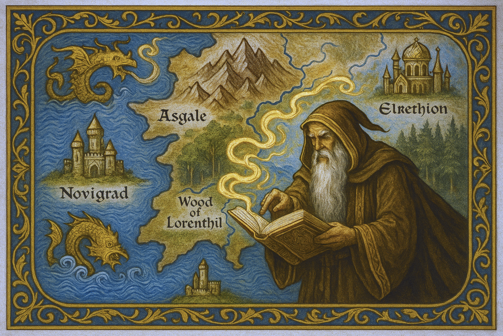 Fantasy map with wizard reading a magical book, showing realms like Asgale, Elrethion, Novigrad, and Wood of Lorenthil. Includes medieval castles, mythical creatures, and illuminated manuscript design