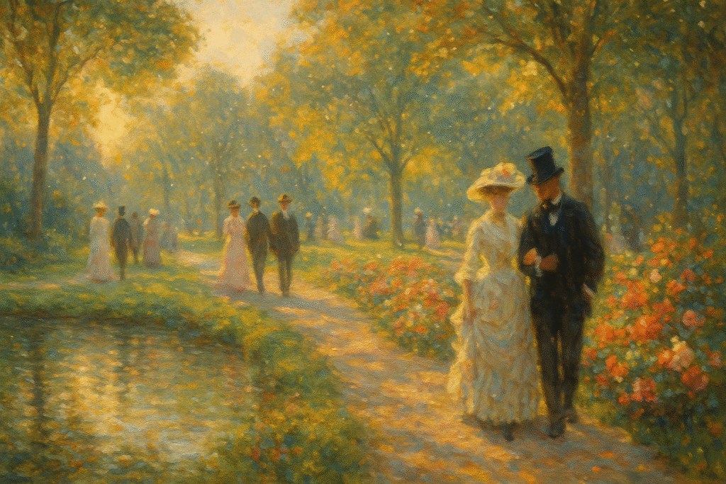 Impressionist park painting with elegant couples strolling along a sunlit garden path, surrounded by blooming flowers, glowing trees, and shimmering reflections on a pond, evoking a romantic vintage atmosphere.
