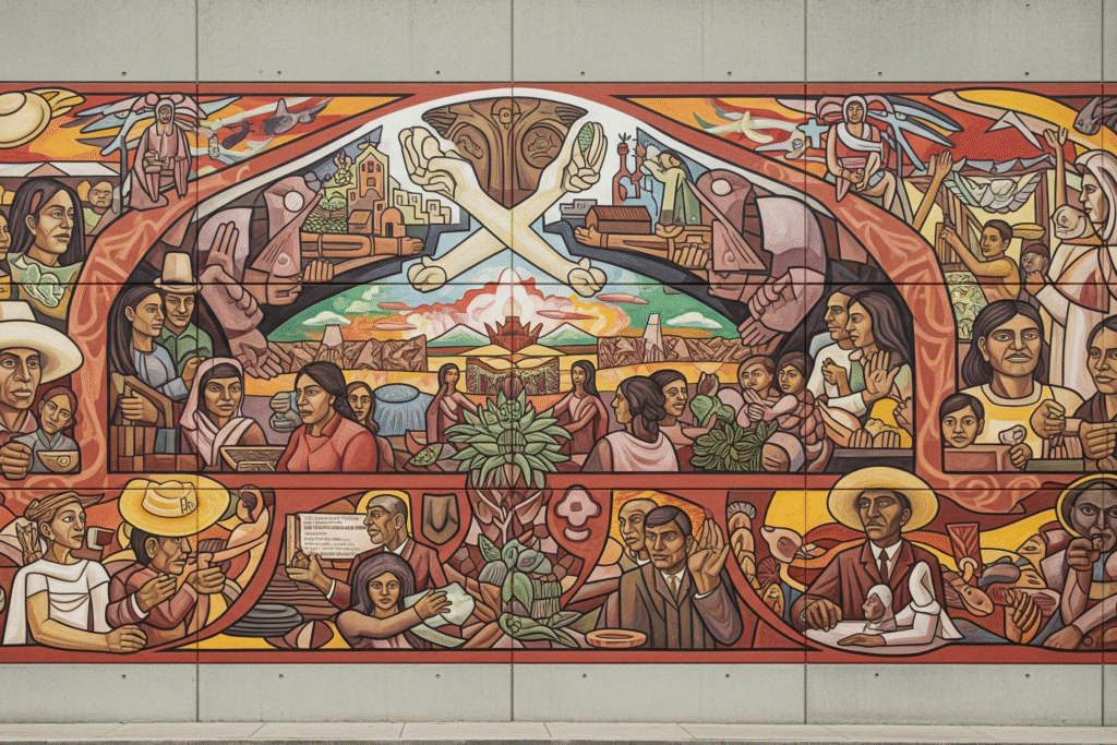 Mural in the Mexican muralism style inspired by Diego Rivera, with narrative scenes of community, labor, and history in warm tones.