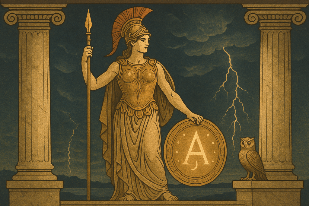 Mythological digital painting of Greek goddess Athena in golden armor, standing atop an ancient marble temple under a stormy sky, with lightning in the background, an owl by her side, and glowing Greek symbols — epic classical fantasy art in cinematic horizontal format (3:2).