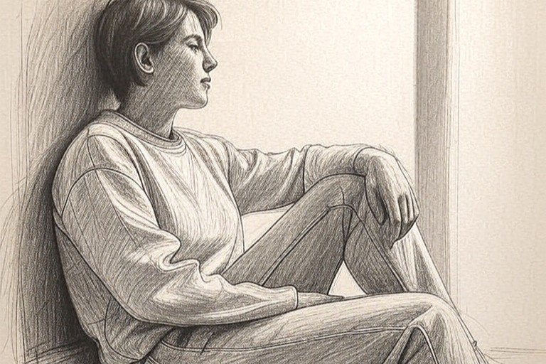 Realistic pencil sketch of a contemplative figure sitting by a window, featuring detailed crosshatching, layered graphite strokes, and subtle pressure variation. The artwork showcases a soft, meditative mood with visible paper texture, loose construction lines, and a monochromatic greyscale palette, ideal for art enthusiasts and drawing inspiration.