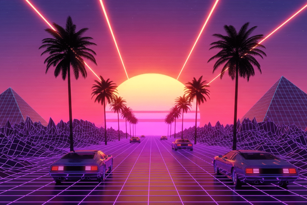 A classic synthwave landscape featuring retro sports cars driving on a purple grid road towards a glowing neon sunset with palm trees and wireframe pyramids