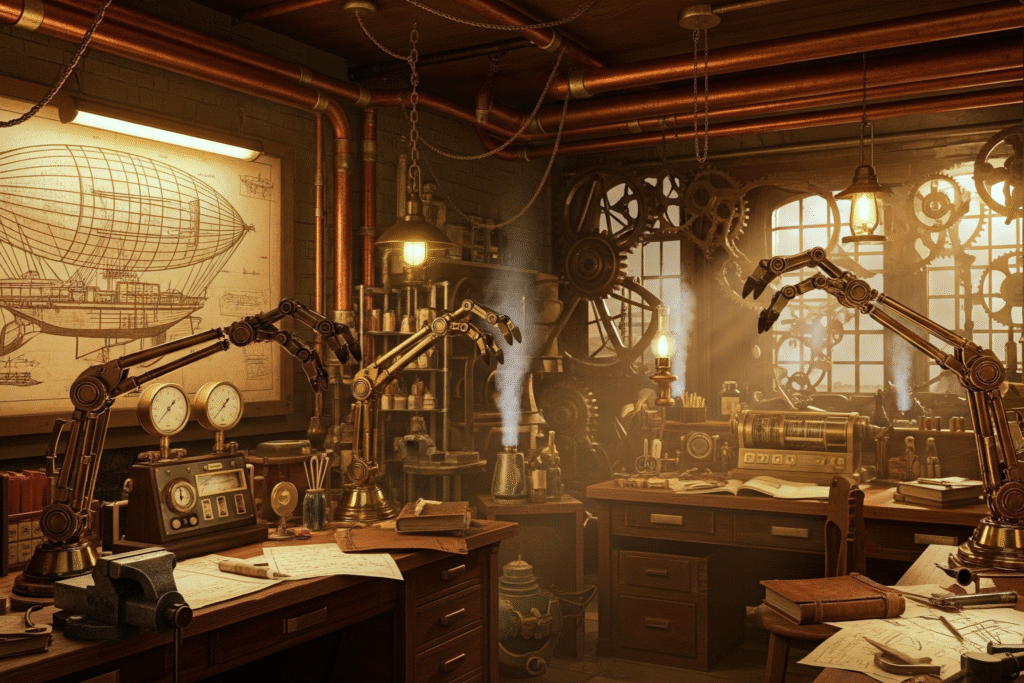 A steampunk inventor's workshop lit by warm light, showcasing intricate brass mechanical arms and a large, detailed airship blueprint on the wall.