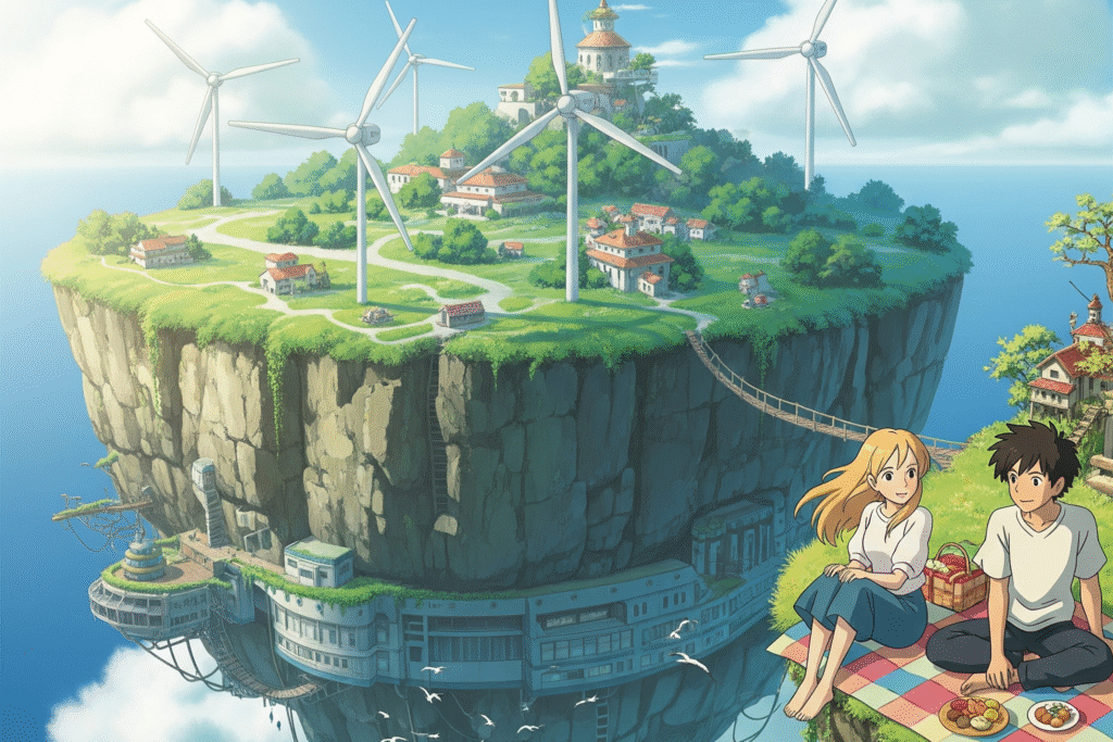 Two friends have a picnic on a floating island with wind turbines in a Ghibli-inspired anime style.